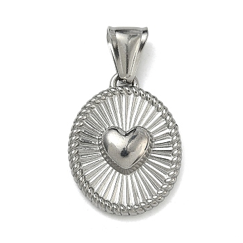 304 Stainless Steel Pendants, Sunburst Oval with Heart Charm, Stainless Steel Color, 25x19x5mm, Hole: 4x9mm