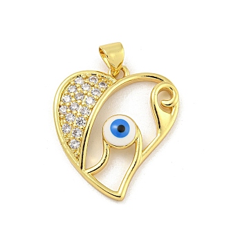 Rack Plating Brass Micro Pave Cubic Zirconia Pendants, with Enamel, Cadmium Free & Lead Free, Long-Lasting Plated, Heart with Evil Eye, Real 18K Gold Plated, 24x21x4mm, Hole: 3.5x5mm