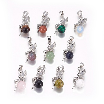 Natural & Synthetic Mixed Stone Pendants, with Platinum Tone Brass Findings, Fairy, 25~26x12~13x8mm, Hole: 3.5x5.5mm