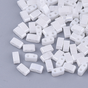 2-Hole Glass Seed Beads, Opaque Colours Luster Plated, Rectangle, White, 4.5~5.5x2x2~2.5mm, Hole: 0.5~0.8mm, about 2000pcs/bag