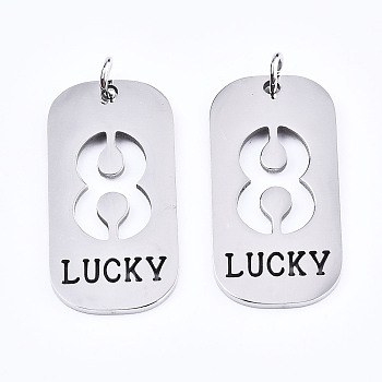201 Stainless Steel Pendants, Laser Cut, with Jump Rings, Rectangle with Number and Word LUCKY, Stainless Steel Color, Num.8, 35x17x1.5mm, Jump Ring: 6x1mm, Inner Diameter: 4mm
