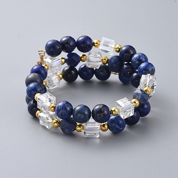 Two Loops Fashion Wrap Bracelets, with Natural Lapis Lazuli(Dyed) Beads, Cube Glass Beads, Lotus Flower 304 Stainless Steel Charms and Iron Spacer Beads, 2 inch(5cm)