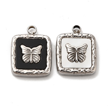304 Stainless Steel Pendants, with Shell & Acrylic, Square with Butterfly, Stainless Steel Color, 16x12x3mm, Hole: 1.8mm