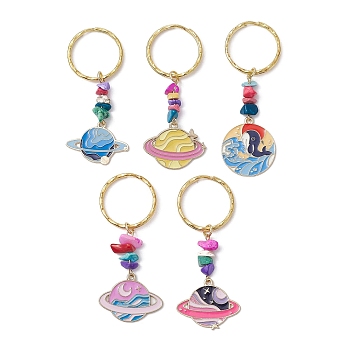 Planet Alloy Enamel Pendant Keychain, with Synthetic Turquoise Beads and Iron Split Key Rings, Mixed Color, 6.6~7.3cm