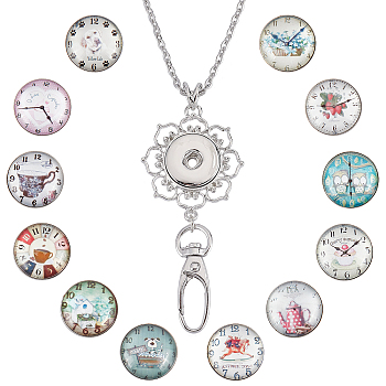 DIY Necklaces Making Kit, Including Platinum Plated Brass Jewelry Snap Buttons, Alloy Snap Pendant Making, with Swivel Clasps, 304 Stainless Steel Cable Chains Necklaces, Clock Pattern, Button: 18.5x9mm, 12Pcs