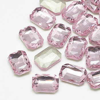 Pointed Back Glass Rhinestone Cabochons, Faceted, Rectangle Octagon, Light Rose, 18x13x5mm