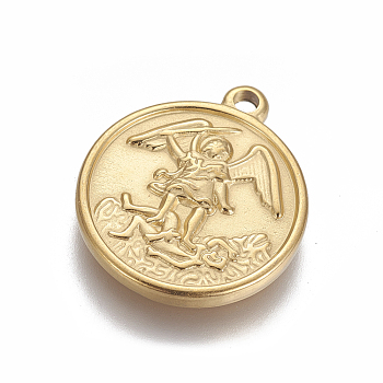 Vacuum Plating 304 Stainless Steel Pendants, Flat Round with Archangel Michael, Golden, 24x20.5x2.8mm, Hole: 2mm