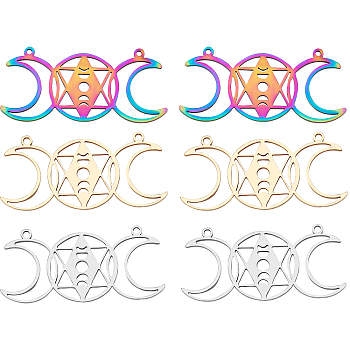 6Pcs 3 Colors Ion Plating(IP) 201 Stainless Steel Connector Charms, Laser Cut Triple Moon Goddess Links, Religion, Flat Round with Star of David, Mixed Color, 22x47x1mm, Hole: 1.5mm, 2pcs/color