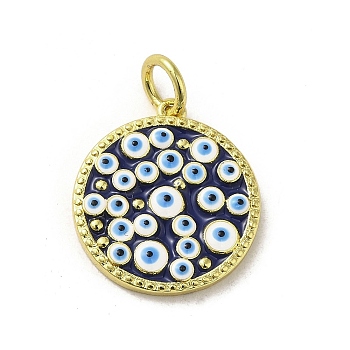 Brass Enamel Pendants, with Jump Ring, Real 18K Gold Plated, Flat Round with Evil Eye Charm, Midnight Blue, 18.5x17x2.3mm, Hole: 3.6mm