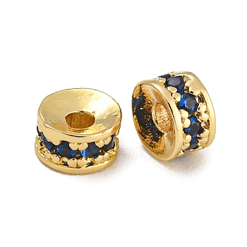 Rack Plating Brass Micro Pave Cubic Zirconia Beads, Lead Free & Cadmium Free, Long-Lasting Plated, Real 18K Gold Plated, Round, Medium Blue, 4x2mm, Hole: 1.4mm