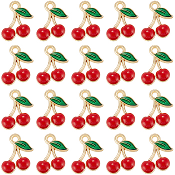 60Pcs Alloy Enamel Charms, Cherry, Light Gold, Red, 13x12x2mm, Hole: 1.6mm