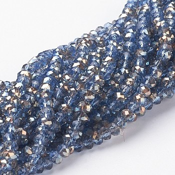 Electroplate Glass Faceted Rondelle Beads Strands, Half Plated, Light Blue, 4x3mm, Hole: 1mm, about 140pcs/strand, 16.5 inch