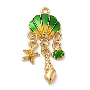 Alloy Enamel Pendants, Light Gold, Shell with Starfish & Conch Charm, Sea Green, 35x15x3mm, Hole: 2mm
