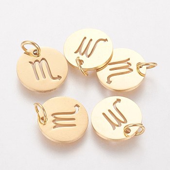 304 Stainless Steel Charms, Flat Round with Constellation/Zodiac Sign, Golden, Scorpio, 12x1mm, Hole: 3mm