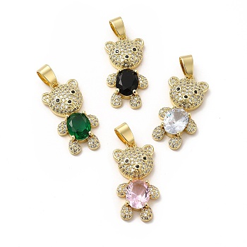 Rack Plating Brass Micro Pave Cubic Zirconia Pendants, Cadmium Free & Lead Free, Real 18K Gold Plated, Bear Charm, Mixed Color, 28x14.5x5.5mm, Hole: 4.5x7mm