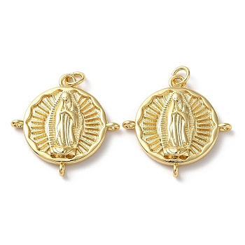 Rack Plating Brass Pendants, with Jump Ring, Cadmium Free & Lead Free, Flat Round with Saint Charm, Real 18K Gold Plated, 23.5x23x3.5mm, Hole: 1.2mm