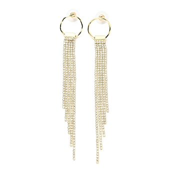 Clear Cubic Zirconia & Crystal Rhinestone Long Tassel Dangle Stud Earrings, Brass Earrings with 925 Sterling Silver Pins for Women, Light Gold, Round Pattern, 120mm, Pin: 0.8mm