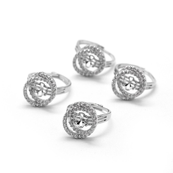 Brass Finger Ring Components, with Cubic Zirconia, For Half Drilled Beads, Adjustable, Platinum, 19.5mm