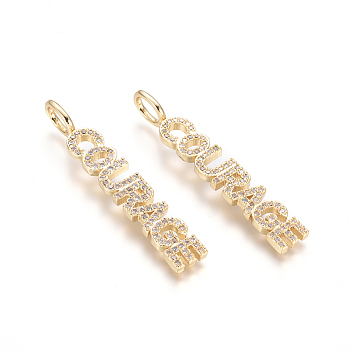 Brass Micro Pave Clear Cubic Zirconia Pendants, Word Courage, Golden, 40x6.5x2.5mm, Hole: 3.5x5.5mm