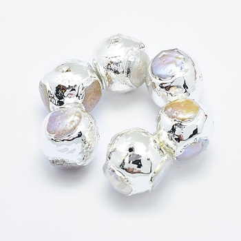 Natural Cultured Freshwater Pearl Beads, with Electroplated Polymer Clay, Round, Platinum, 19~21x18~22mm, Hole: 0.8~1mm