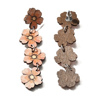 304 Stainless Steel Flower Dangle Stud Earrings, with Wood, Stainless Steel Color, 80x20.5mm