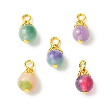 20Pcs Natural White Jade Dyed Bead Pendants, Two Tone Round Charms with Golden Plated Iron Loops, Mixed Color, 16mm, Hole: 1.5mm