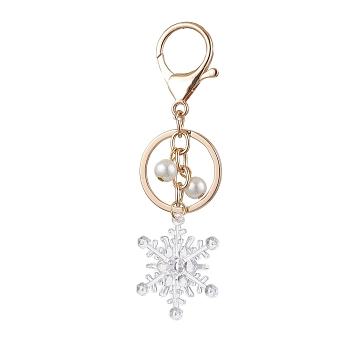 Snowflake Acrylic with Glass Pearl Bead Pendant Keychain, with Alloy Key Rings, Golden, 10.6cm