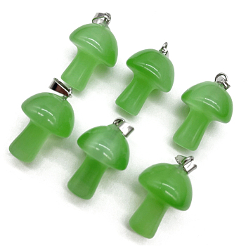 Cat Eye Pendants, with Stainless Steel Finding, Mushroom Charm, Lime Green, 20x15mm