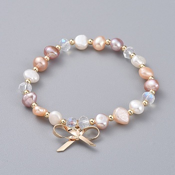 Charm Bracelets, with Natural Cultured Freshwater Pearl Beads, Glass Beads, Brass Round Spacer Beads and Brass Pendants, Bowknot, with Burlap Bags, Seashell Color, 2-1/8 inch(5.3cm)