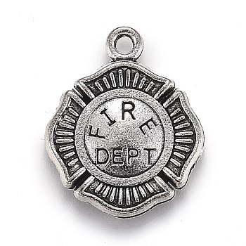 Tibetan Style Alloy Pendants, Firefighter, Flat Round with Word Fire Dept, Antique Silver, 22x18x2mm, Hole: 2mm