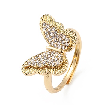 Clear Cubic Zirconia Butterfly Adjustable Ring, Brass Jewelry for Women, Lead Free & Cadmium Free, Real 18K Gold Plated, Inner Diameter: 18mm