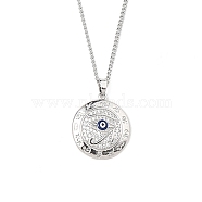 Brass Micro Pave Cubic Zirconia Pendant Necklaces,  201 Stainless Steel Chains Necklaces, Evil Eye, 23.62 inch(60cm), Flat Round: 23x20.5mm(NJEW-M211-04A-P)