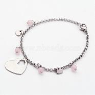 304 Stainless Steel Bracelets, with Natural Rose Quartz and Heart Pendants, Stainless Steel Color, 7-1/4 inch(185mm)(BJEW-JB02519)