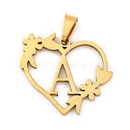 Ion Plating(IP) 201 Stainless Steel Pendants, Heart with Letter Charms, Golden, Letter A, 23x25x1.5mm, Hole: 7.5x3.5mm(STAS-N103-183G-A)