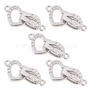 5 Sets Brass Micro Pave Clear Cubic Zirconia Fold Over Clasps, Heart, Real Platinum Plated, 18mm, Heart: 8x11x1.5mm, Clasp: 10.5x4x5mm, Hole: 1.2mm(KK-CA0002-67P)