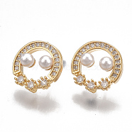 Brass Stud Earring Findings, with Loop, ABS Plastic Imitation Pearl,  Cubic Zirconia, Nickel Free, Real 18K Gold Plated, Clear, 12mm, Hole: 1mm, Pin: 0.8mm(KK-T038-480G)