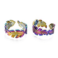 304 Stainless Steel Leaf Wrapped Cuff Ring, Rainbow Color Open Ring for Women, US Size 7(17.3mm)(RJEW-N038-060)