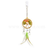 Natural Gemstone Chips Tree of Life Pendant Decorations, with Iron Finding and Feather, for Car Rearview Mirror Hanging Ornaments, 330x70mm(PW-WG75827-01)