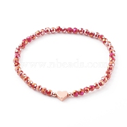 Electroplate Faceted Round Glass Beaded Bracelets, with Brass Heart Beads, Rose Gold, Indian Red, Inner Diameter: 2-3/8 inch(6cm)(BJEW-JB06124-03)
