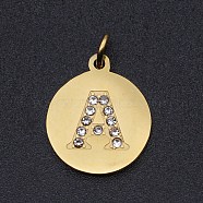 201 Stainless Steel Pendants, Laser Cut Pendants, with Jump Rings and Clear Cubic Zirconia, Flat Round with Letter, Letter A, Golden, 16.5x14x1.5mm, Hole: 3mm(STAS-T054-JN767-A)