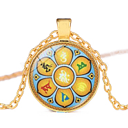7 Chakra Glass Pendant Necklace, Yoga Theme Alloy Jewelry for Women, Golden, 50~55cm(CHAK-PW0001-019C)