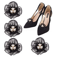 4Pcs Polyester Tulle Shoe Decorations, Detachable Shoe Buckle Clip, Flower, Black, 58~60x20.5mm(AJEW-FG0003-31)