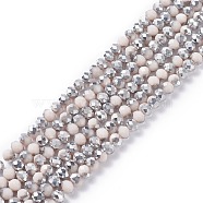 Electroplate Opaque Glass Beads Strands, Half Silver Plated, Faceted, Rondelle, Misty Rose, 8x6mm, Hole: 1mm, about 63~65pcs/strand, 39~40cm(EGLA-A034-P8mm-M08)