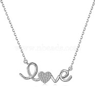 925 Sterling Silver Pendant Necklaces, Micro Pave Clear Cubic Zirconia, Word Love, Real Platinum Plated, 15.91 inch(40.4cm)(NJEW-L179-05P)