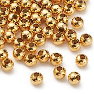 304 Stainless Steel Beads, Round, Real 24K Gold Plated, 4x3.5~4mm, Hole: 1.5mm(A-STAS-H558-36G)