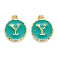 Golden Plated Alloy Enamel Charms, Enamelled Sequins, Flat Round with Alphabet, Letter.Y, Green, 14x12x2mm, Hole: 1.5mm(X-ENAM-Q437-15Y)