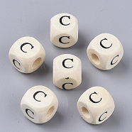 Printed Natural Wood Beads, Horizontal Hole, Cube with Initial Letter, PapayaWhip, Letter.C, 10x10x10mm, Hole: 3.5mm, about 1000pcs/500g(WOOD-T026-001C)
