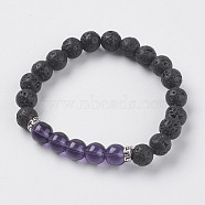 Natural Lava Rock and Natural Amethyst Beads Stretch Bracelets, with Alloy Finding, 2 inch(52mm)(BJEW-E326-10J)