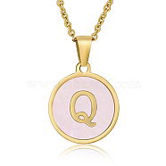 Natural Shell Initial Letter Pendant Necklace, with Golden Stainless Steel Cable Chains, Letter Q, 17.72 inch(45cm)(LE4192-25)