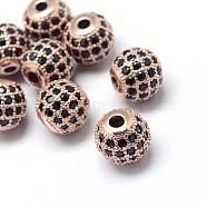 Rack Plating Brass Cubic Zirconia Beads, Long-Lasting Plated, Round, Rose Gold, 9.5~10x9~9.5mm, Hole: 2mm(ZIRC-S001-10mm-B01)